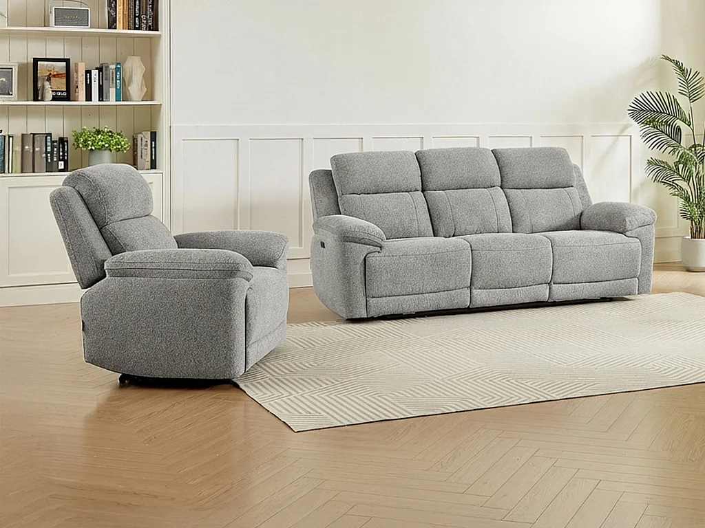 Driezitsbank en elektrische relaxfauteuil in gemêleerde grijze stof KELUNO