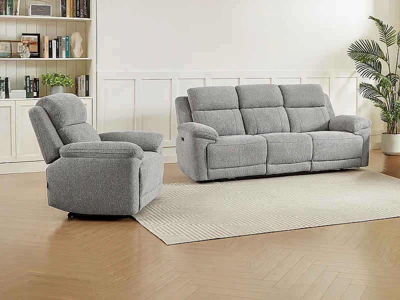 Sofá 3 plazas y sillón relax eléctrico en tela jaspeada gris KELUNO