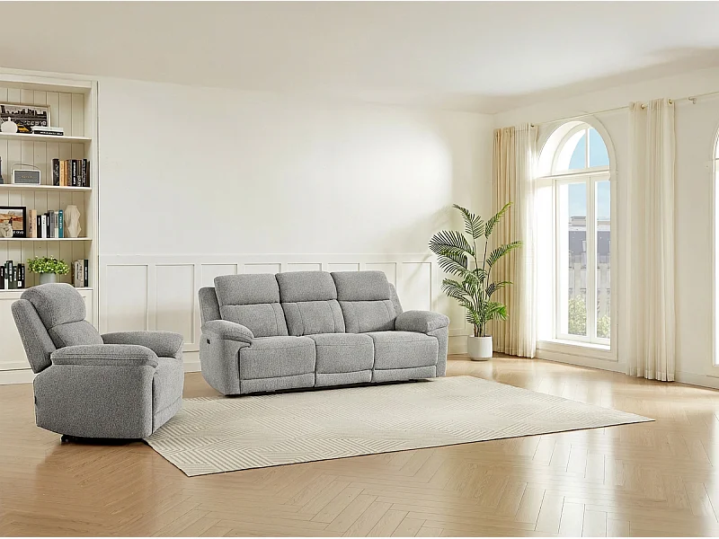 Canapé 3 places et fauteuil relax électrique en tissu chiné gris KELUNO