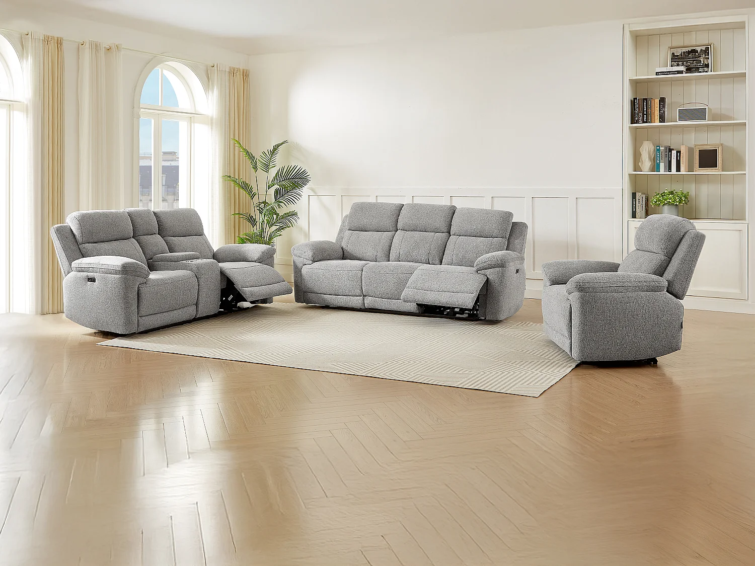 Canapés 3 places 2 places et un fauteuil relax électrique en tissu chiné gris KELUNO