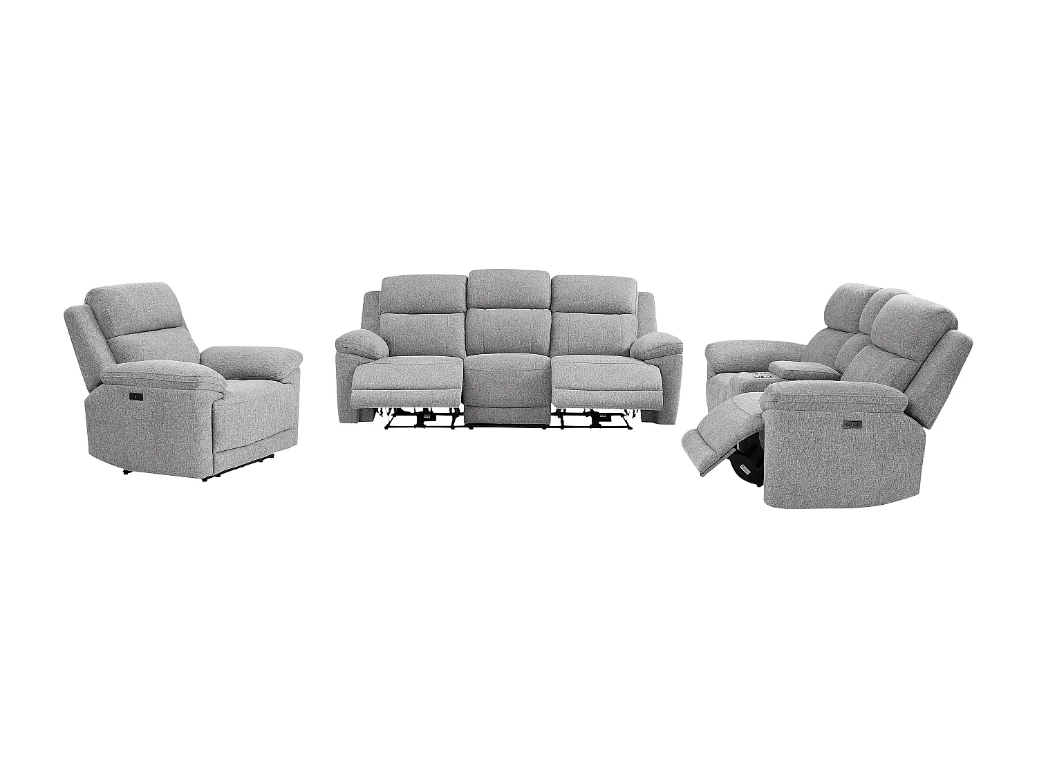 Canapés 3 places 2 places et un fauteuil relax électrique en tissu chiné gris KELUNO