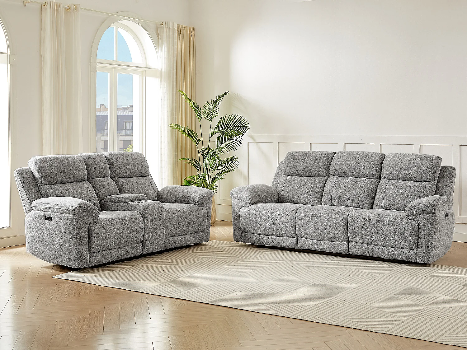 Canapé 3 places et 2 places relax électrique en tissu chiné gris KELUNO