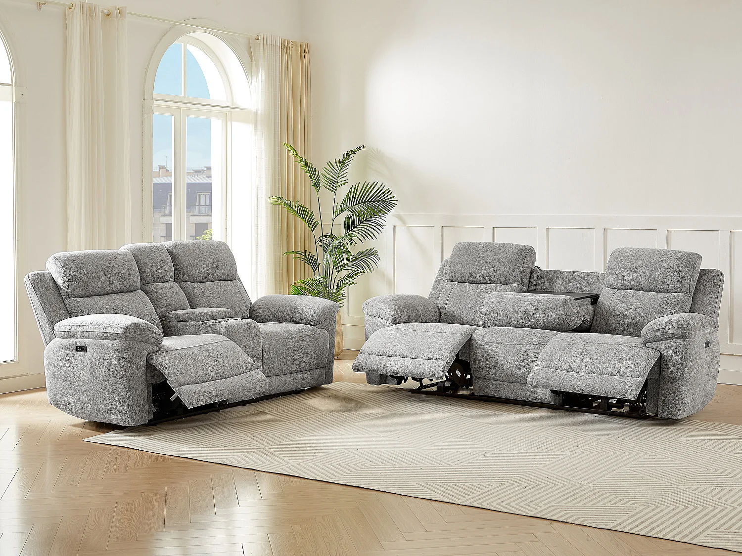 Canapé 3 places et 2 places relax électrique en tissu chiné gris KELUNO