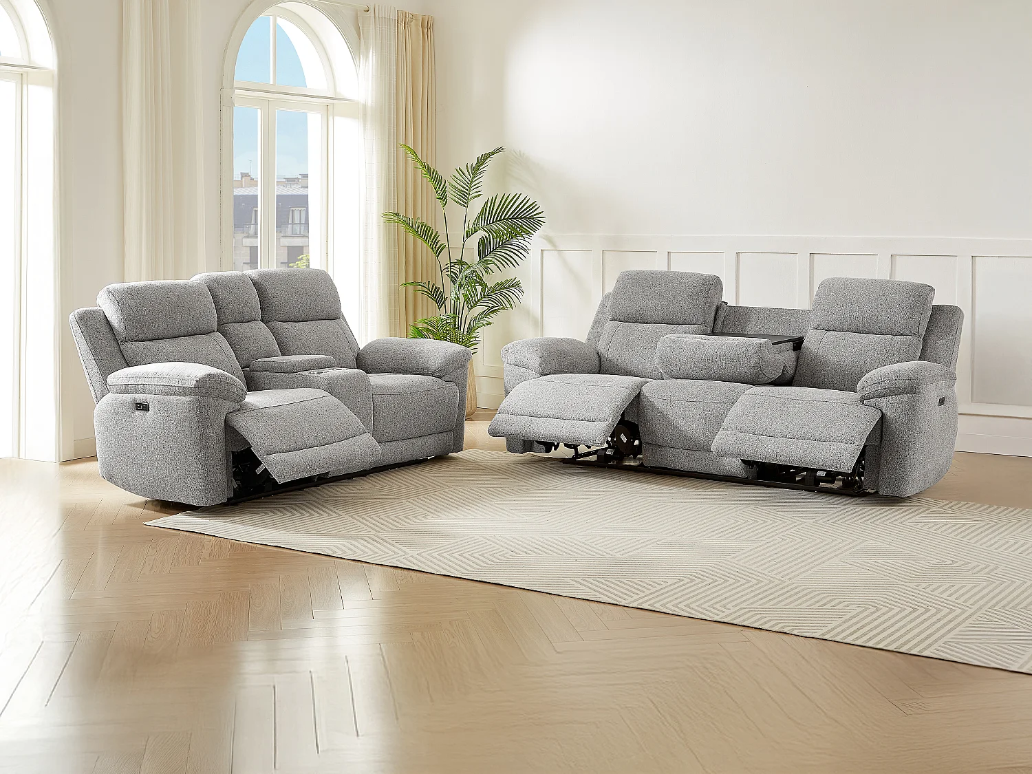 Canapé 3 places et 2 places relax électrique en tissu chiné gris KELUNO