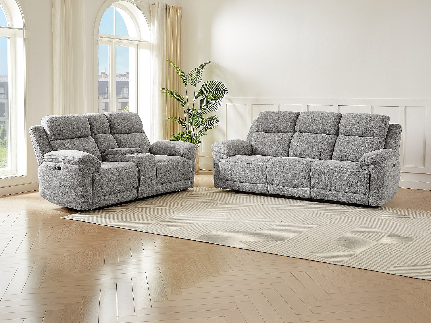 Relaxsofa 3-Sitzer & 2-Sitzer elektrisch – melierter Stoff – Grau – KELUNO günstig online kaufen