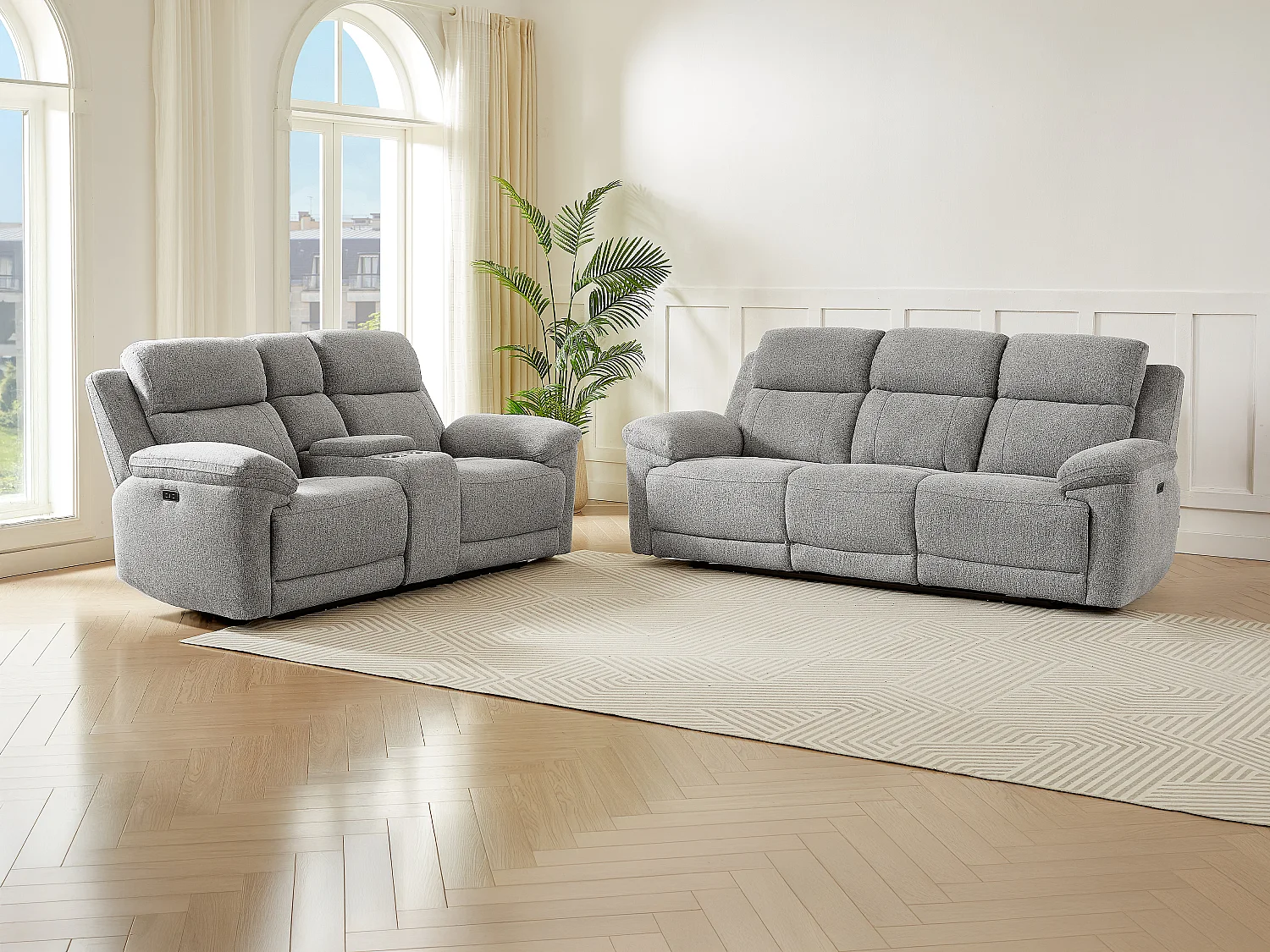 Relaxsofa 3-Sitzer & 2-Sitzer elektrisch – melierter Stoff – Grau – KELUNO