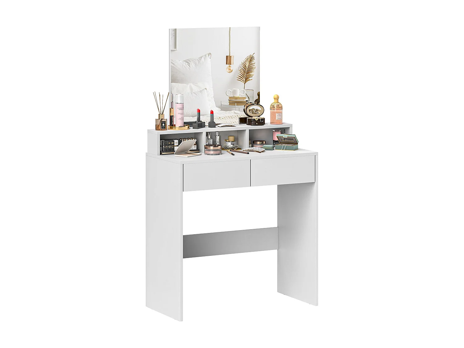 Schminktisch – 75 x 38 x 135 cm – Weiß – Melamin und Glas