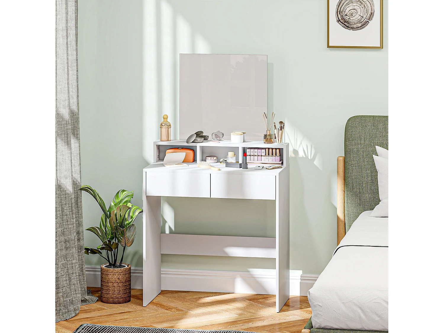 Schminktisch – 75 x 38 x 135 cm – Weiß – Melamin und Glas