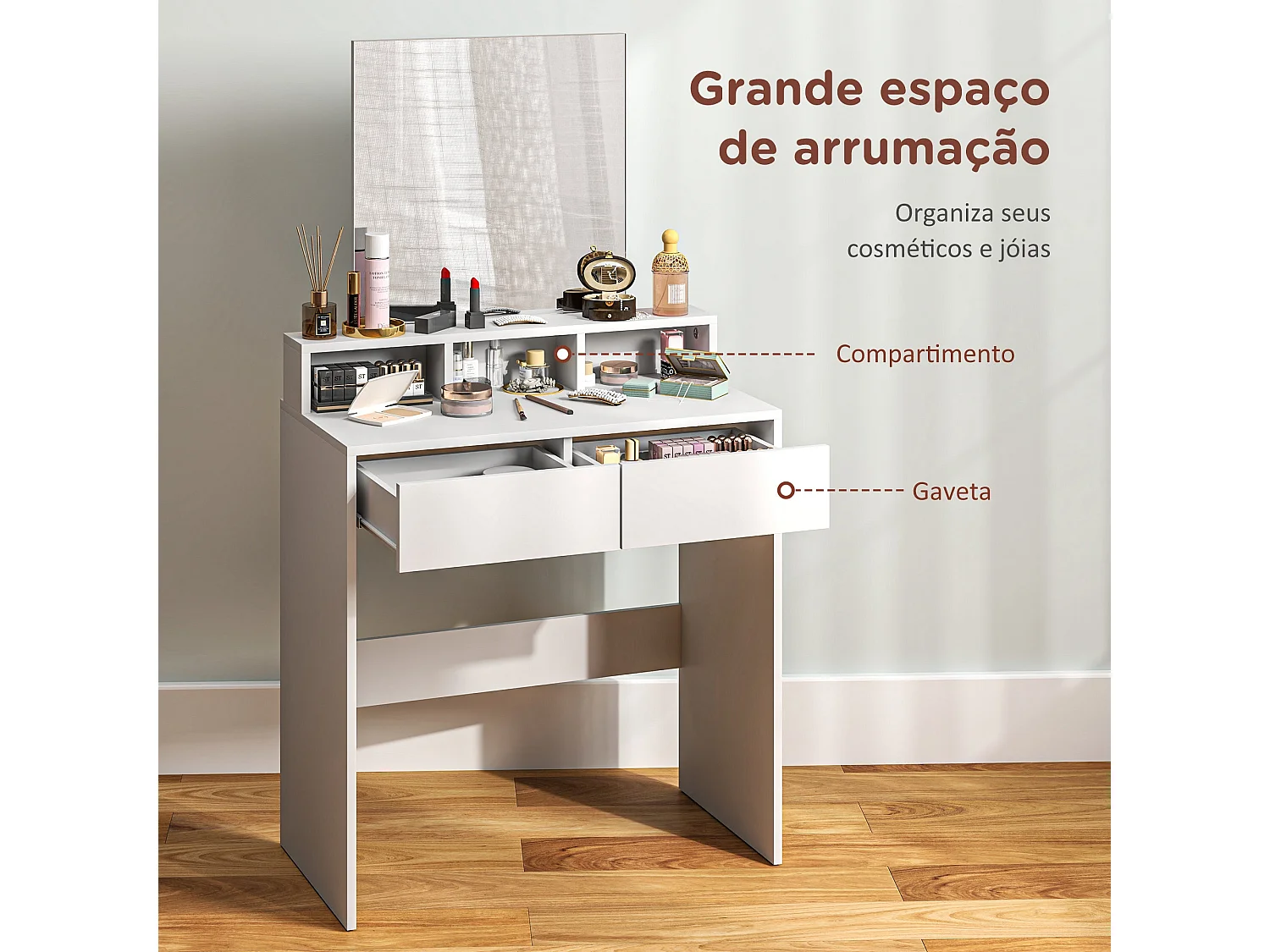 Schminktisch – 75 x 38 x 135 cm – Weiß – Melamin und Glas