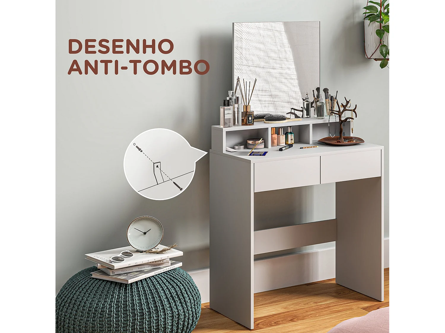 Schminktisch – 75 x 38 x 135 cm – Weiß – Melamin und Glas