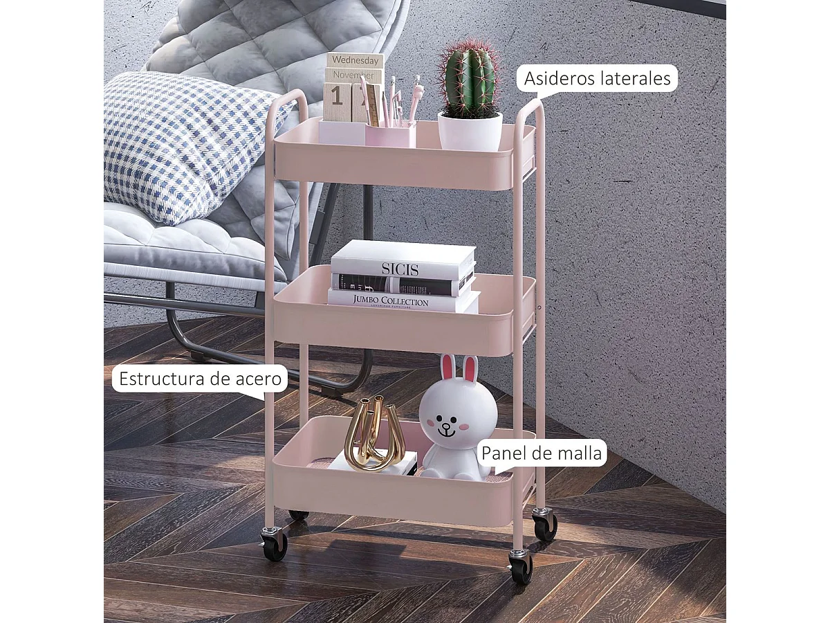 Rosa 3-stufiger Beistellwagen 45x30,6x79 cm