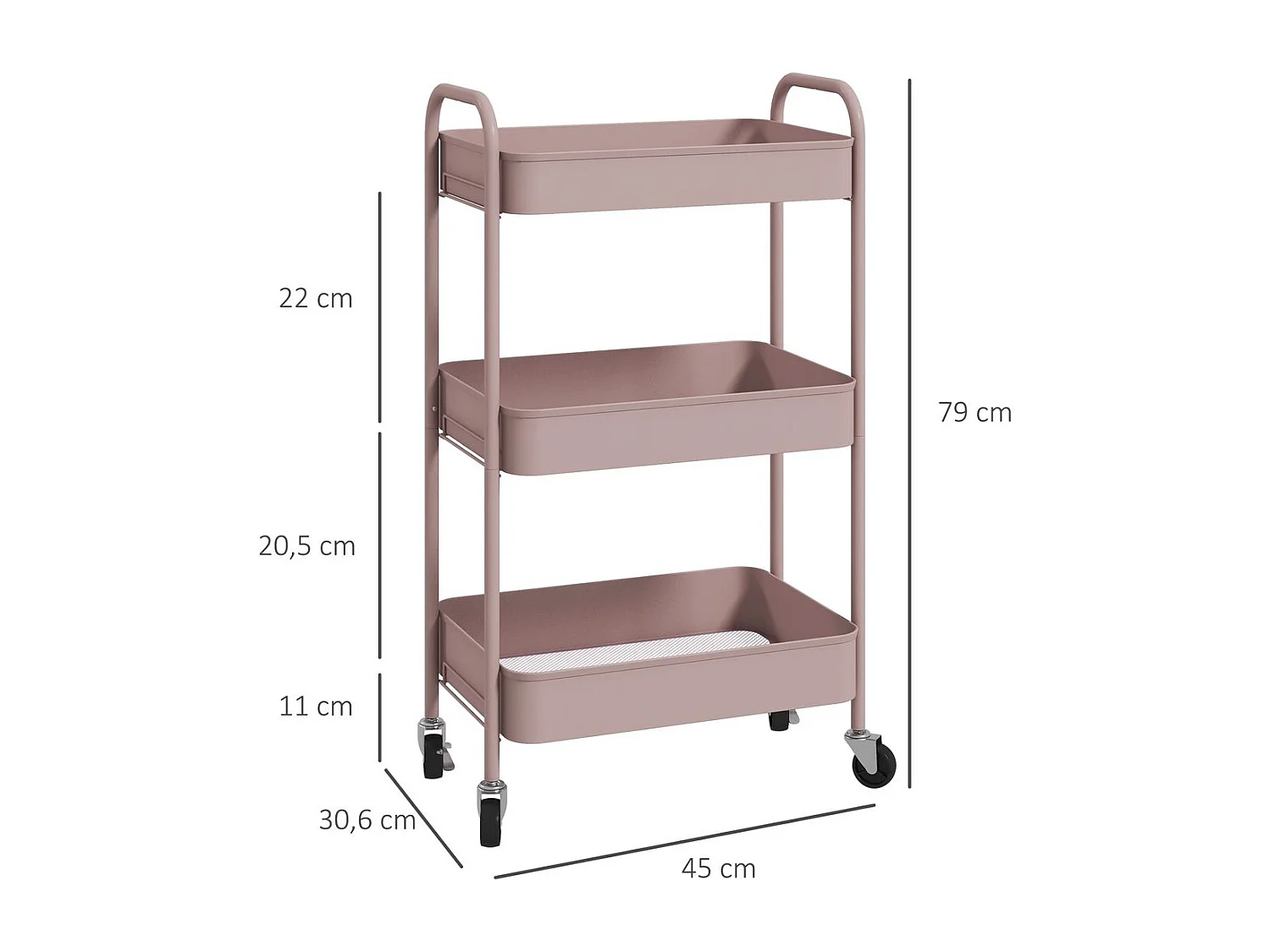 Rosa 3-stufiger Beistellwagen 45x30,6x79 cm