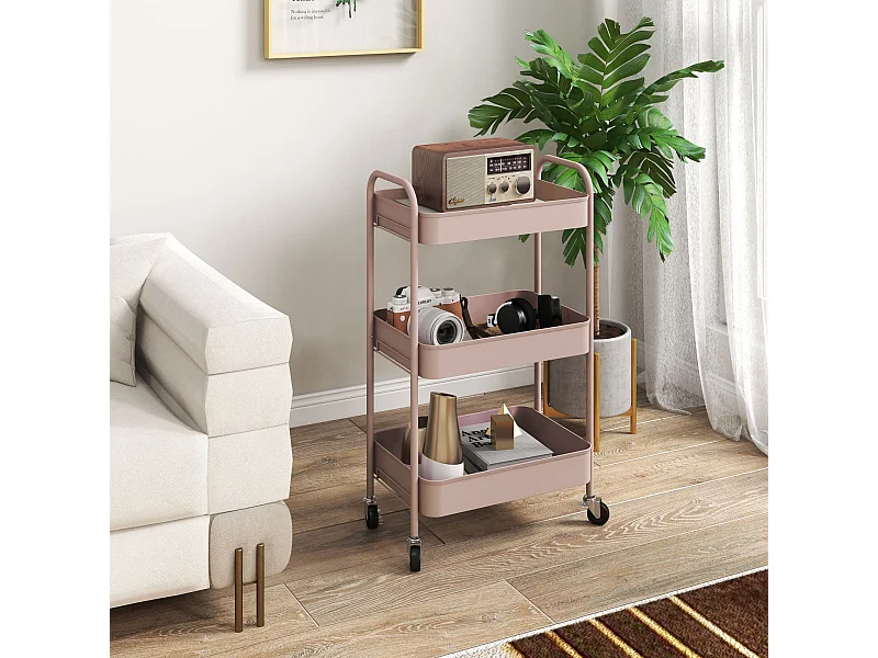 Carrinho Auxiliar de Armazenamento com 3 Prateleiras e Rodas para Cozinha e Sala - Modelo Bordeaux Rosa 45x30.6x79 cm