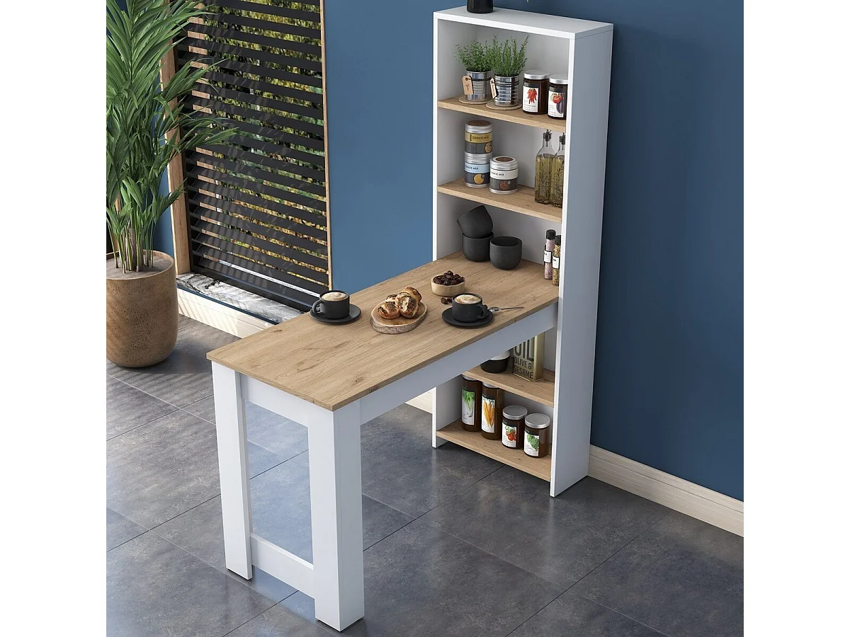 Table de cuisIne avec étagère de rangement intégré blanc et décor bois L120 cm
