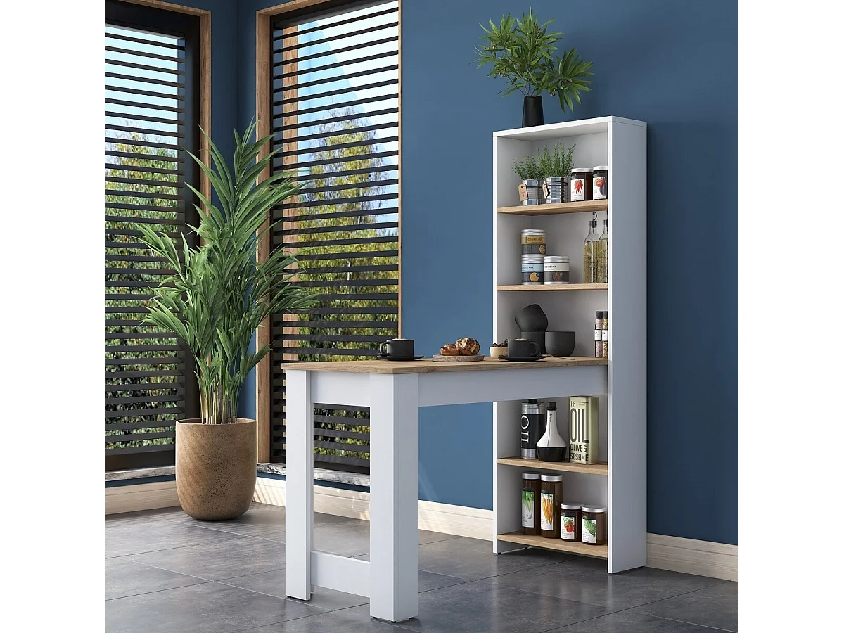 Küchentisch mit integriertem Regal Weiß und Holzdekor B120 cm