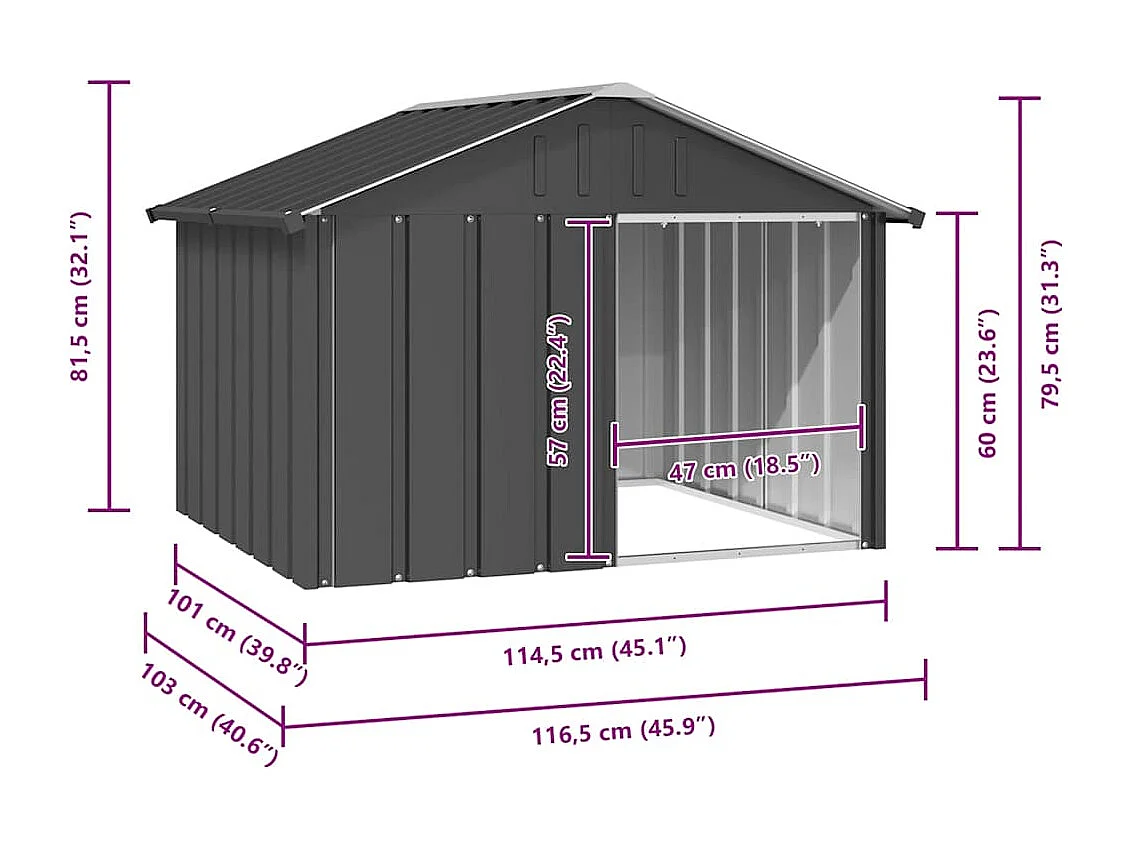 Hundehütte 116,5 x 103 x 81,5 cm, anthrazitfarbener, verzinkter Stahl