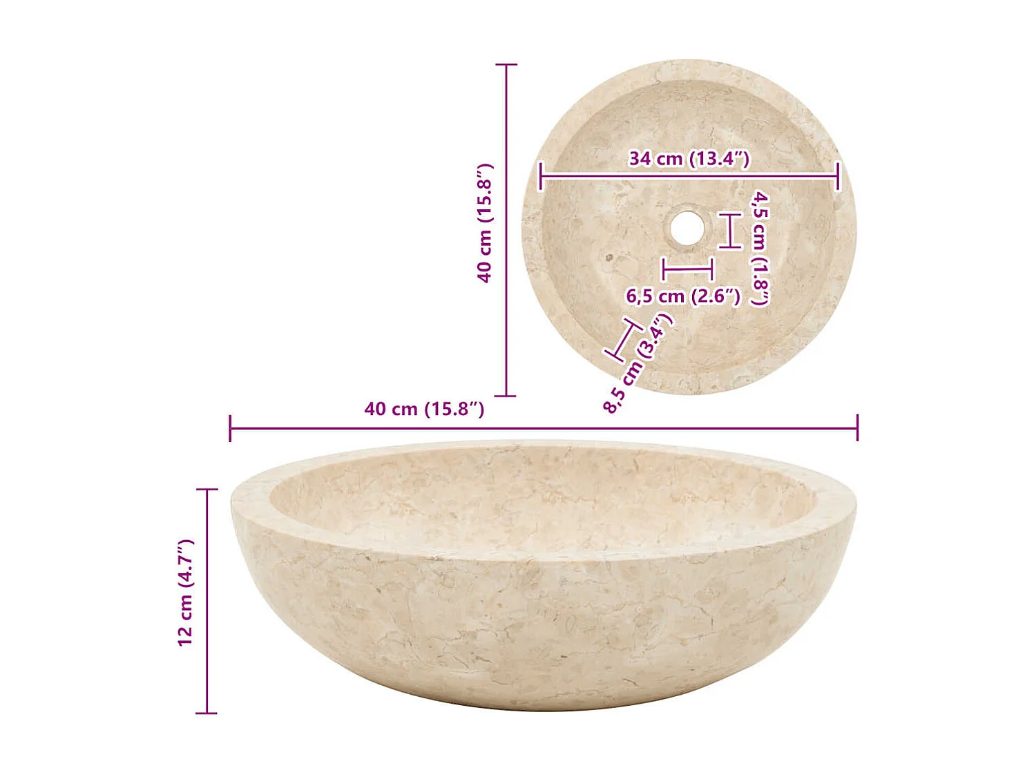 Waschbecken 40x12 cm, cremefarbener Marmor