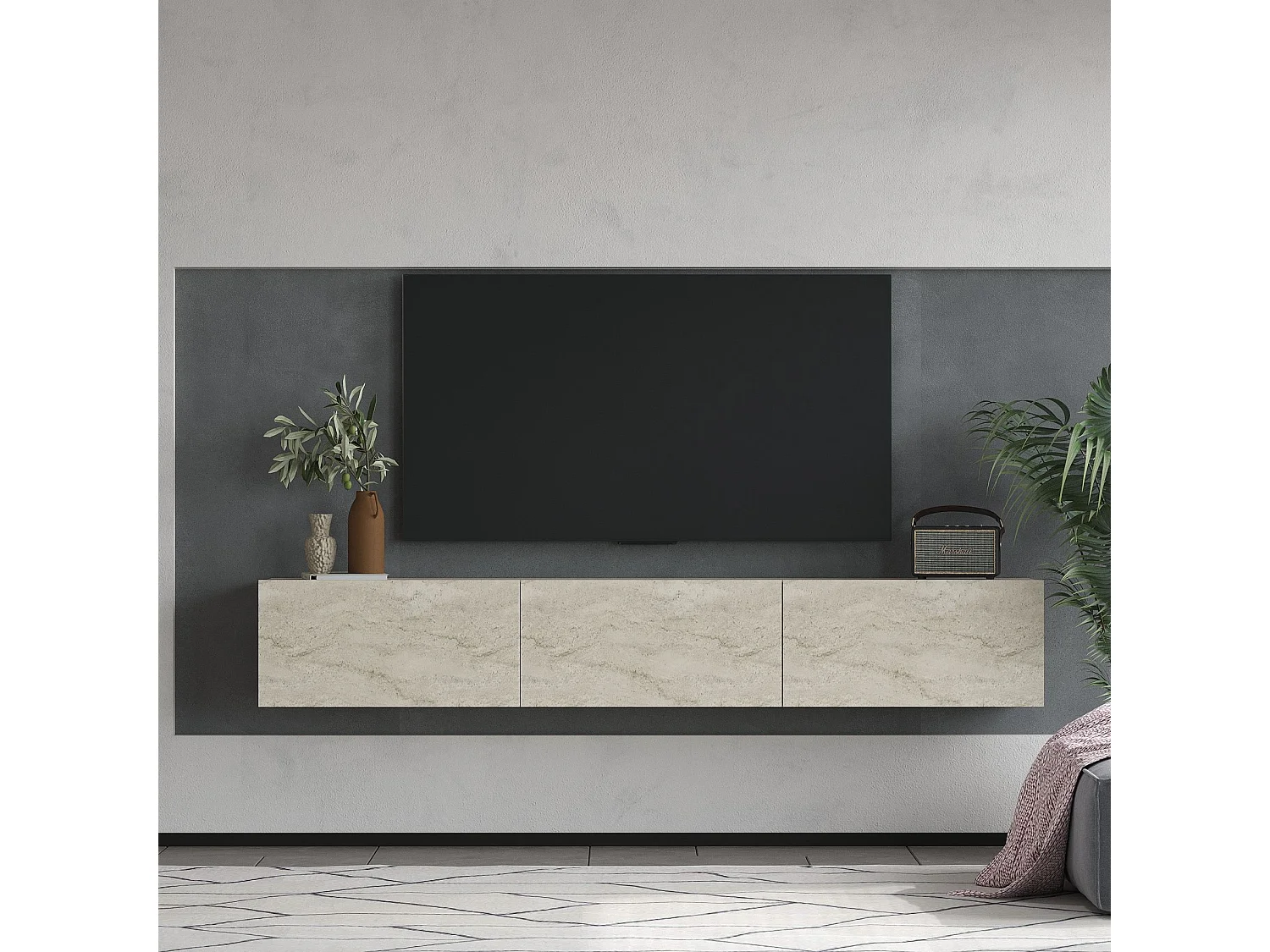 Stojak pod TV – 180 cm x 28,6 cm x 31,4 cm – trawertyn – płyta MDF