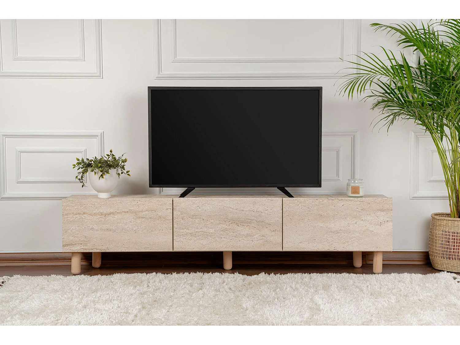 Stojak pod telewizor – 180 cm x 42 cm x 31,4 cm – trawertyn – płyta wiórowa