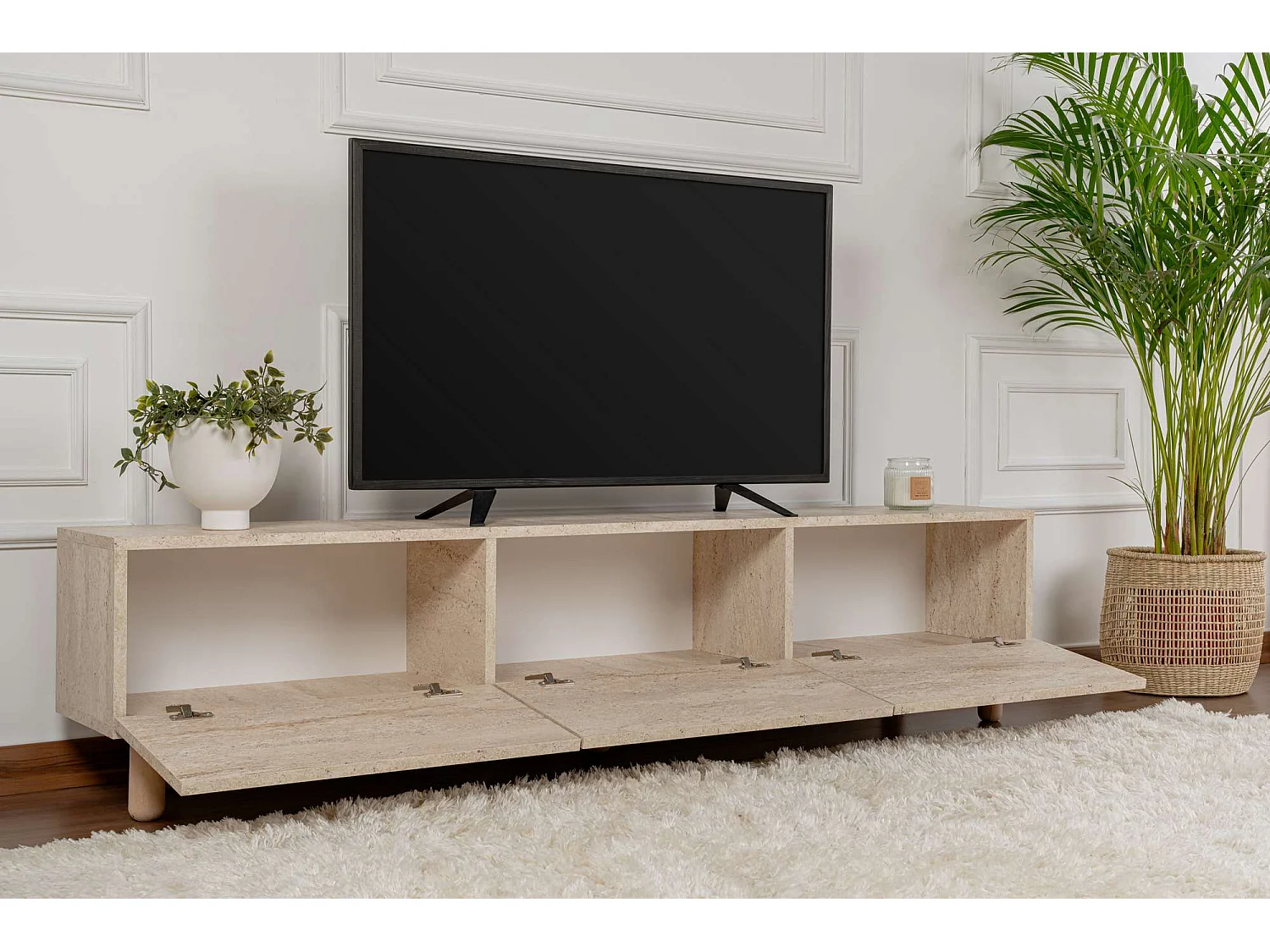 Stojak pod telewizor – 180 cm x 42 cm x 31,4 cm – trawertyn – płyta wiórowa