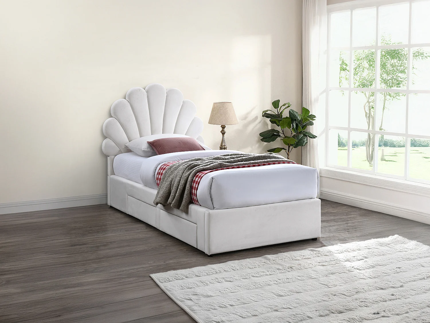 Lit coquillage 90 x 190 cm avec 2 tiroirs - Velours - Blanc + Matelas - MOANA