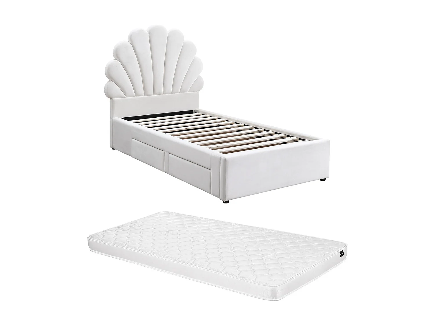 Lit coquillage 90 x 190 cm avec 2 tiroirs - Velours - Blanc + Matelas - MOANA