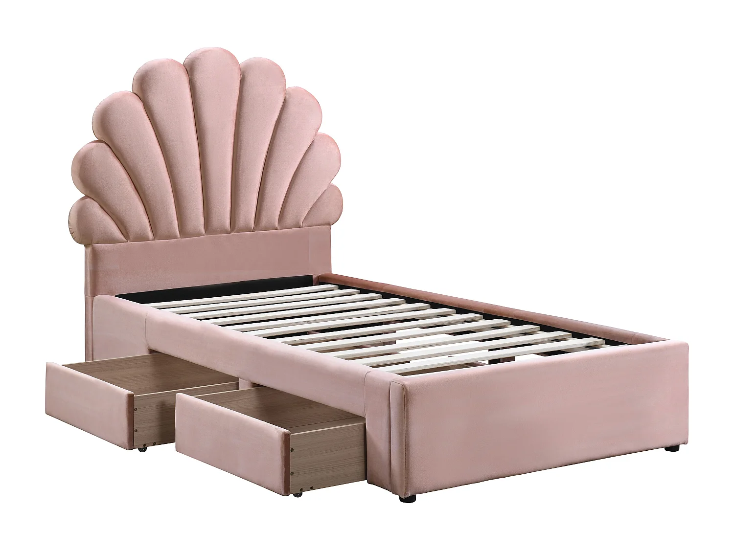 Lit coquillage 90 x 190 cm avec 2 tiroirs - Velours - Rose + Matelas - MOANA