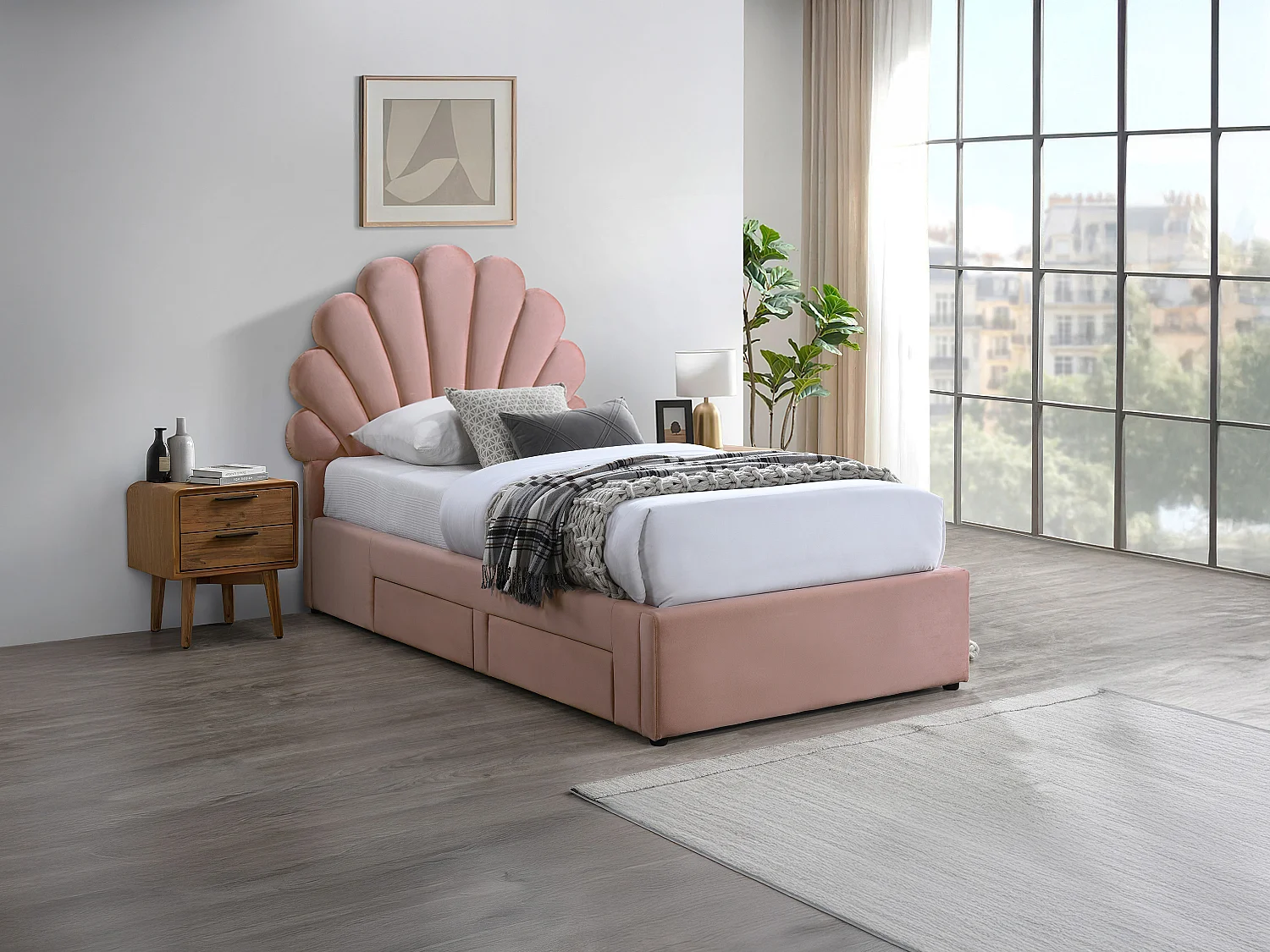 Lit coquillage 90 x 190 cm avec 2 tiroirs - Velours - Rose + Matelas - MOANA
