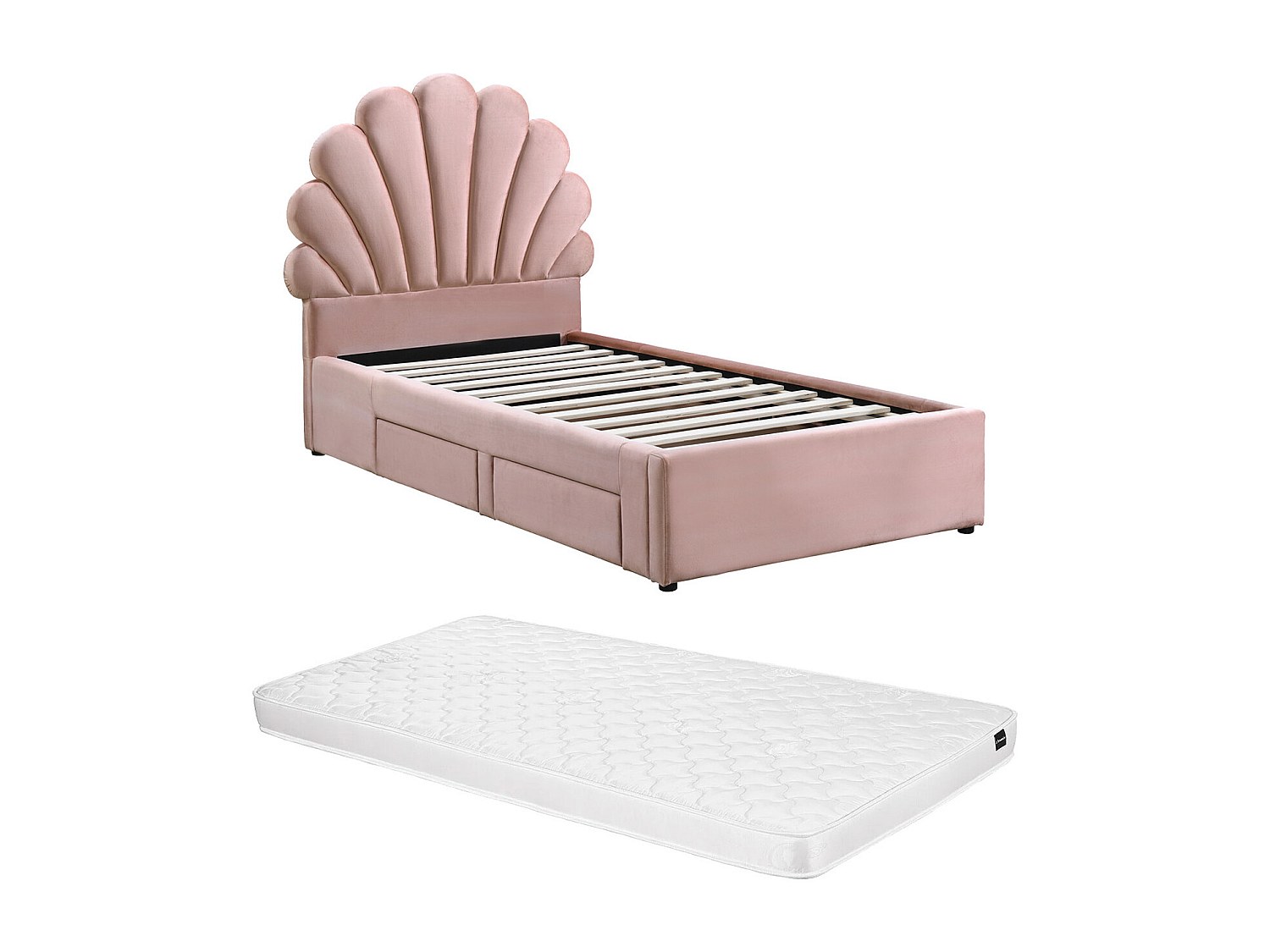 Bett Muschelbett - 90 x 190 cm - mit 2 Schubladen - Samt - Rosa + Matratze günstig online kaufen