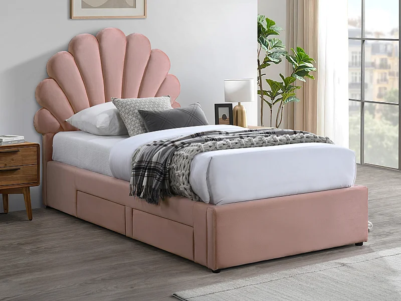 Lit coquillage 90 x 190 cm avec 2 tiroirs - Velours - Rose + Matelas - MOANA