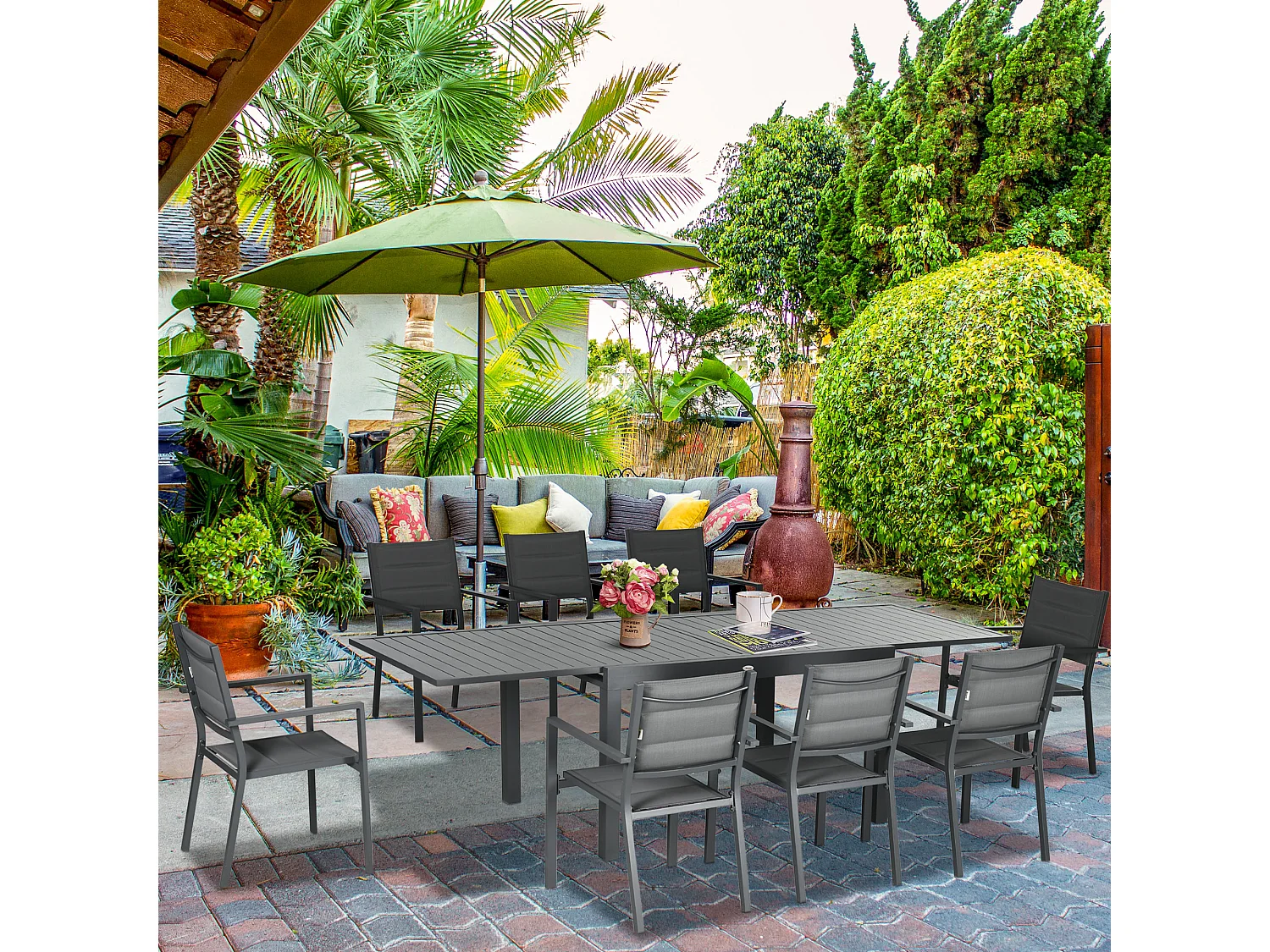 Conjunto de Jantar Mayleen para Jardim - 8 Cadeiras e Mesa Extensível Moderna