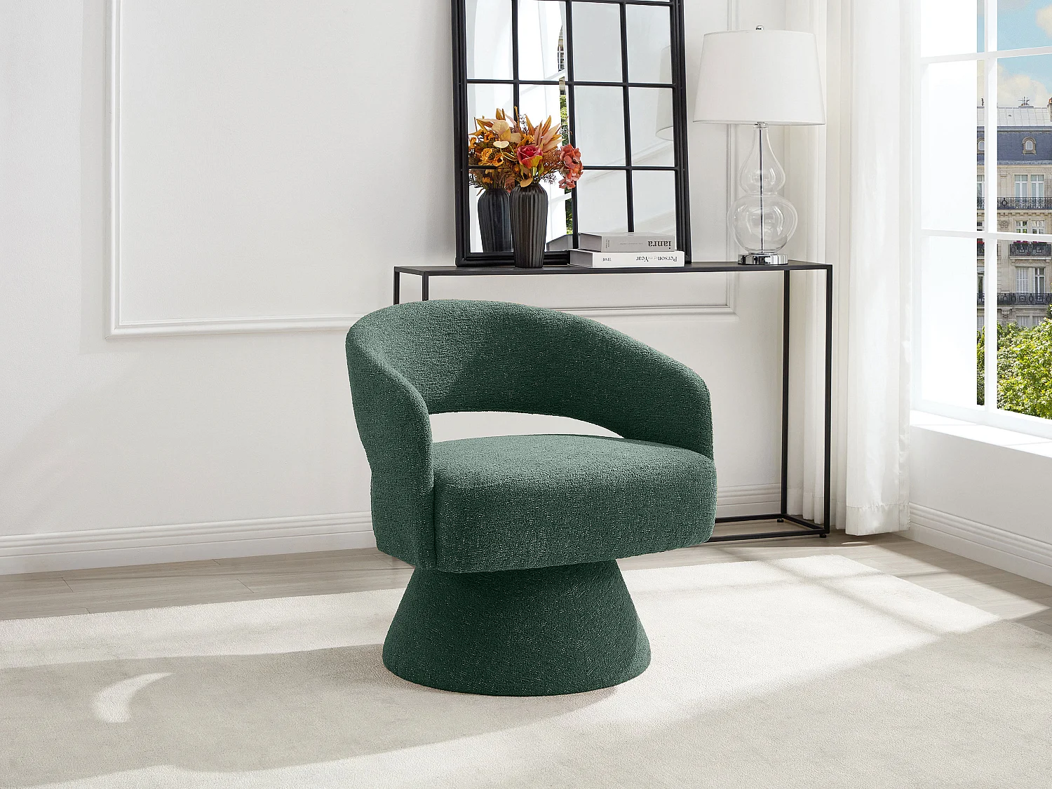 Fauteuil pivotant en tissu chenille vert sapin FEDOTE