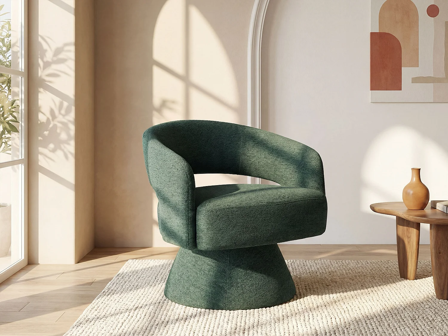 Fauteuil pivotant en tissu chenille vert sapin FEDOTE