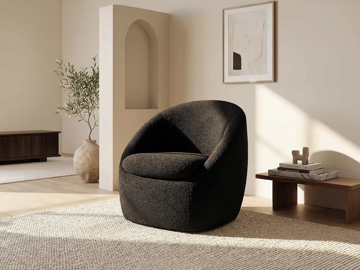 Fauteuil pivotant en tissu bouclette noir NETALIO