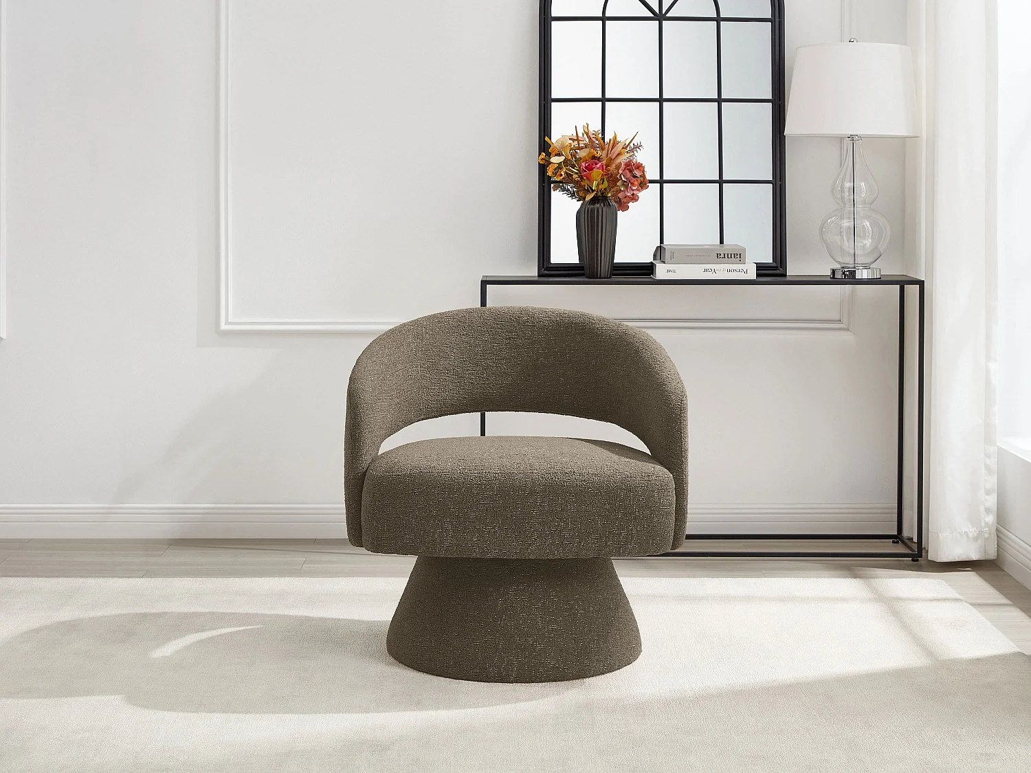 Fauteuil pivotant en tissu chenille taupe FEDOTE