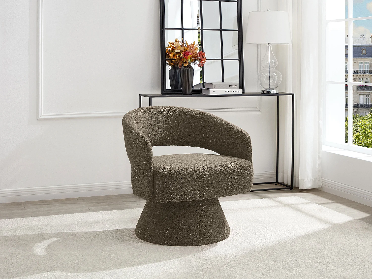 Fauteuil pivotant en tissu chenille taupe FEDOTE