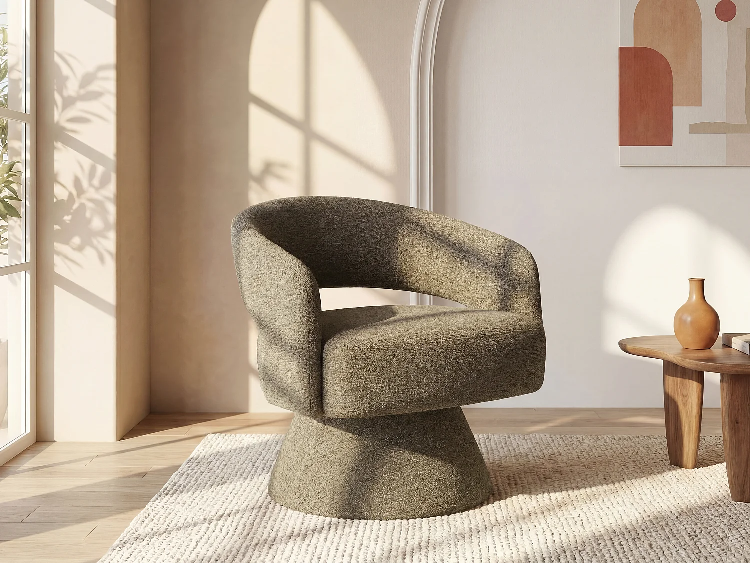 Fauteuil pivotant en tissu chenille taupe FEDOTE