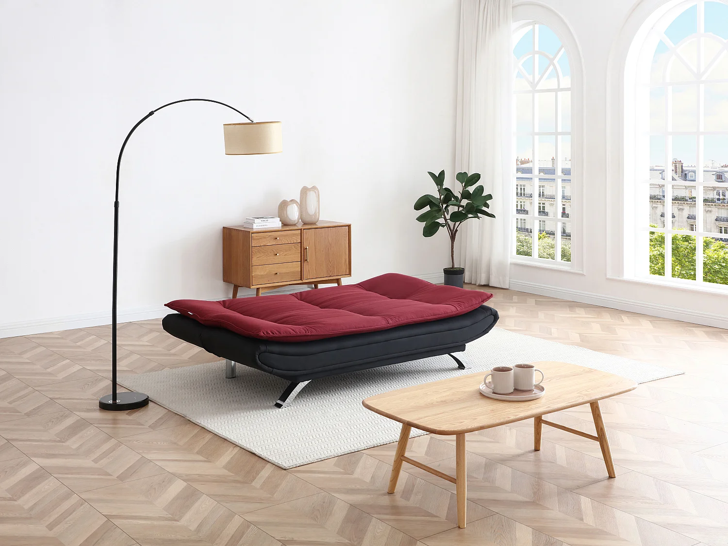 Canapé convertible clic-clac en tissu rouge et noir DEMIDO