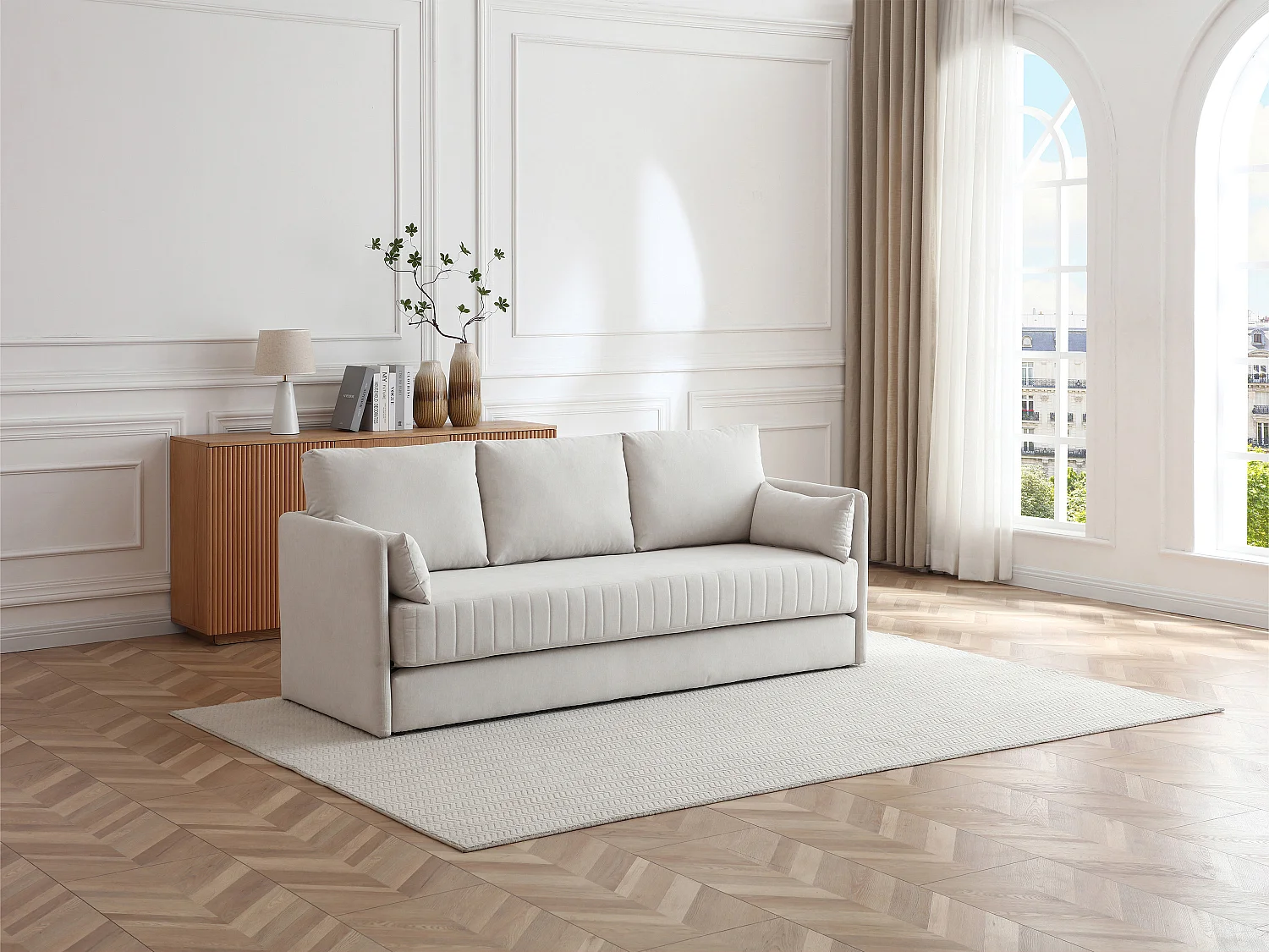 Canapé 3 places convertible en tissu beige GRECCO