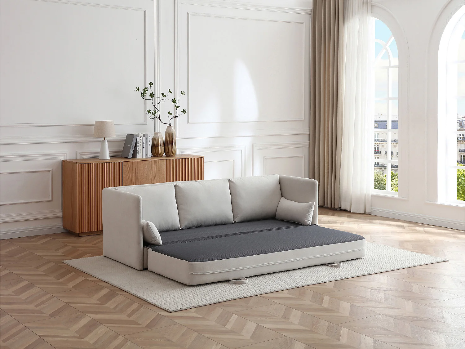 Canapé 3 places convertible en tissu beige GRECCO