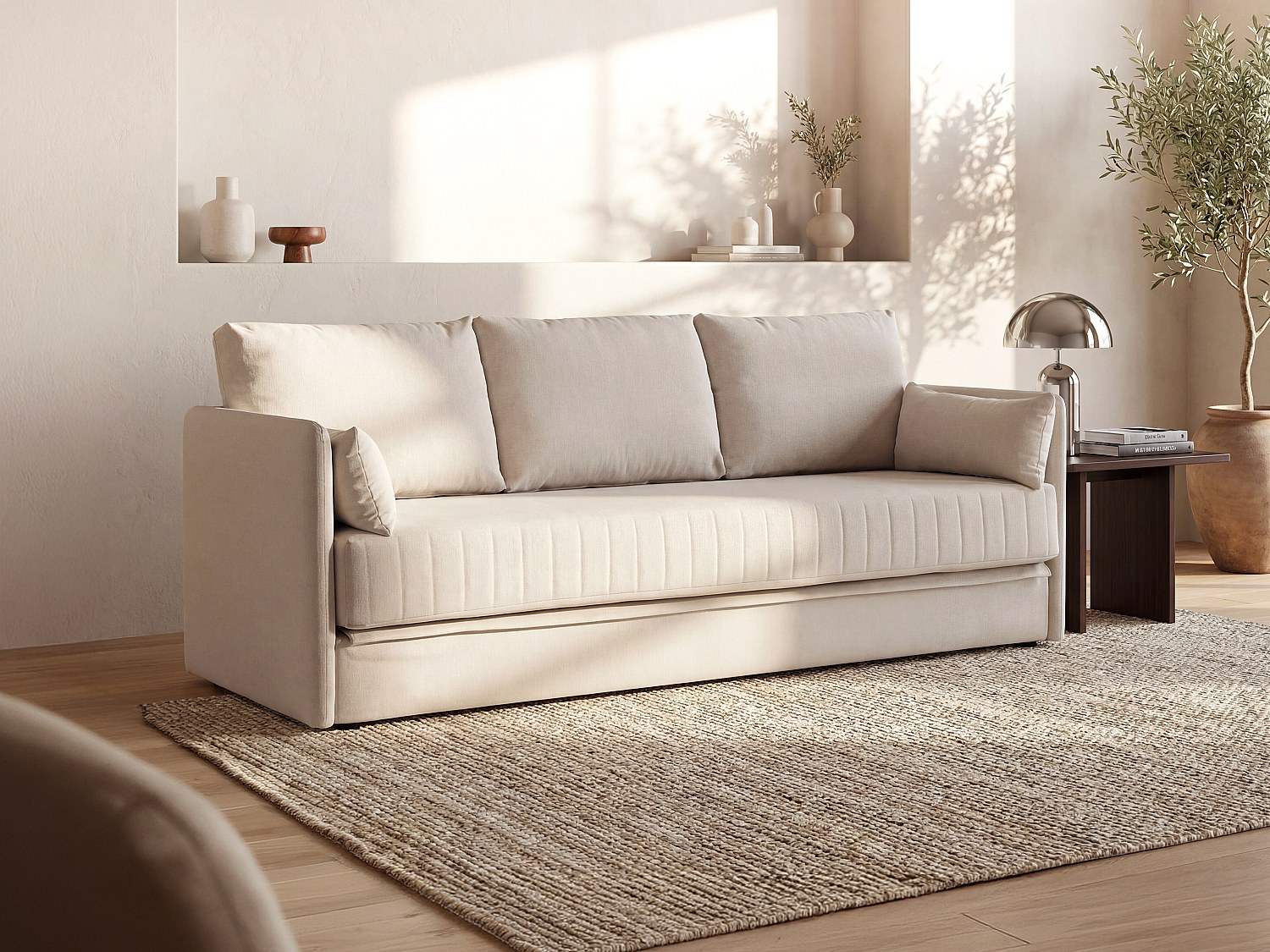 Vente-unique 3-Sitzer-Sofa Aus Beigem Stoff, Verwandelbar, Grecco