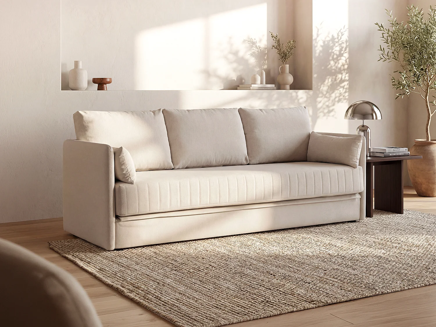 Divano letto 3 posti in tessuto beige - GRECCO