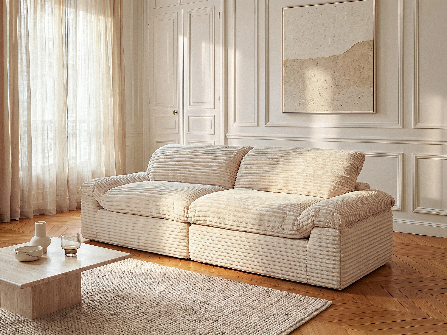 Soffa med 4 platser i beige Sammet med Grova ribbor SOBOSA