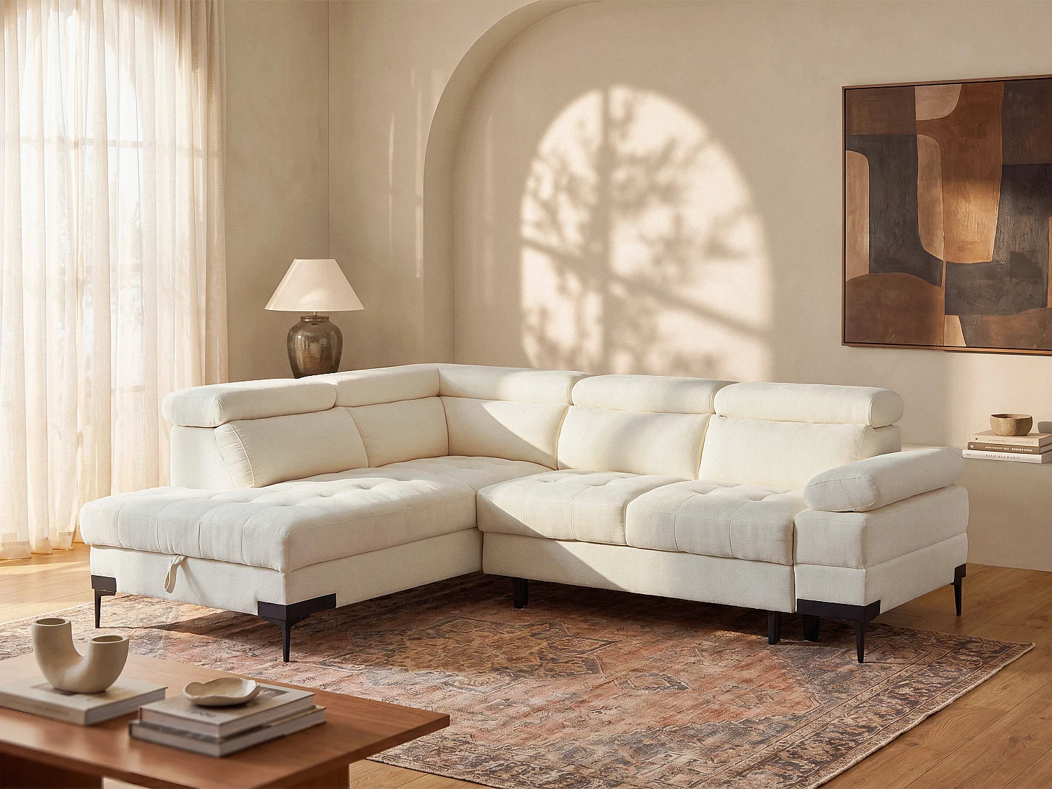 Canapé d'angle droit convertible en tissu texturé blanc cassé TICOUTA