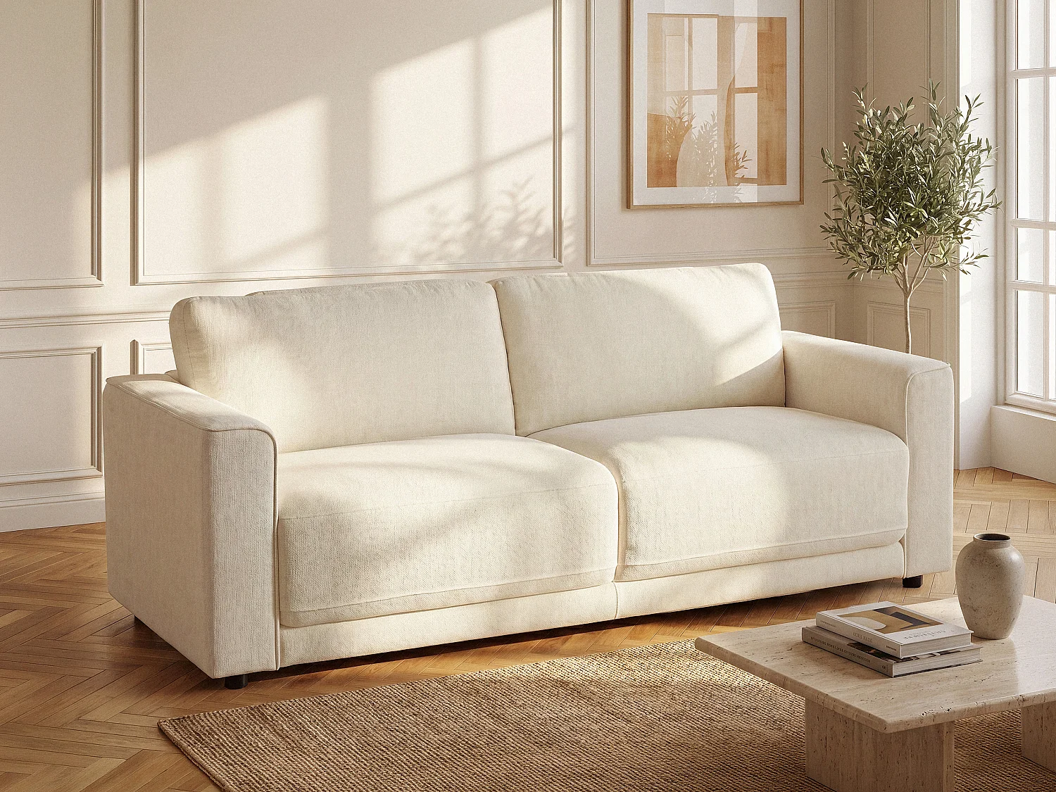 Canapé 3 places en tissu texturé blanc cassé NETUSO