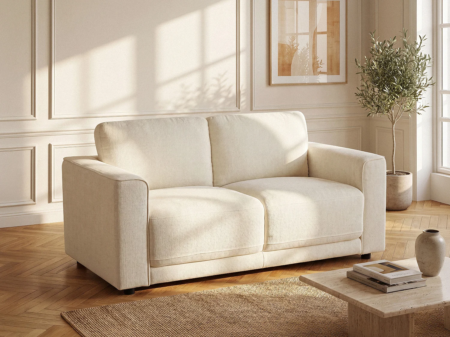 Canapé 2 places en tissu texturé blanc cassé NETUSO
