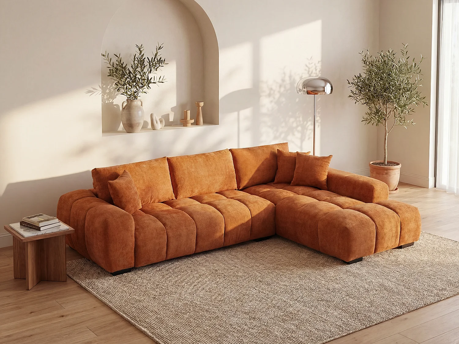 Right-hand corner sofa in textured terracotta fabric BERENIA
