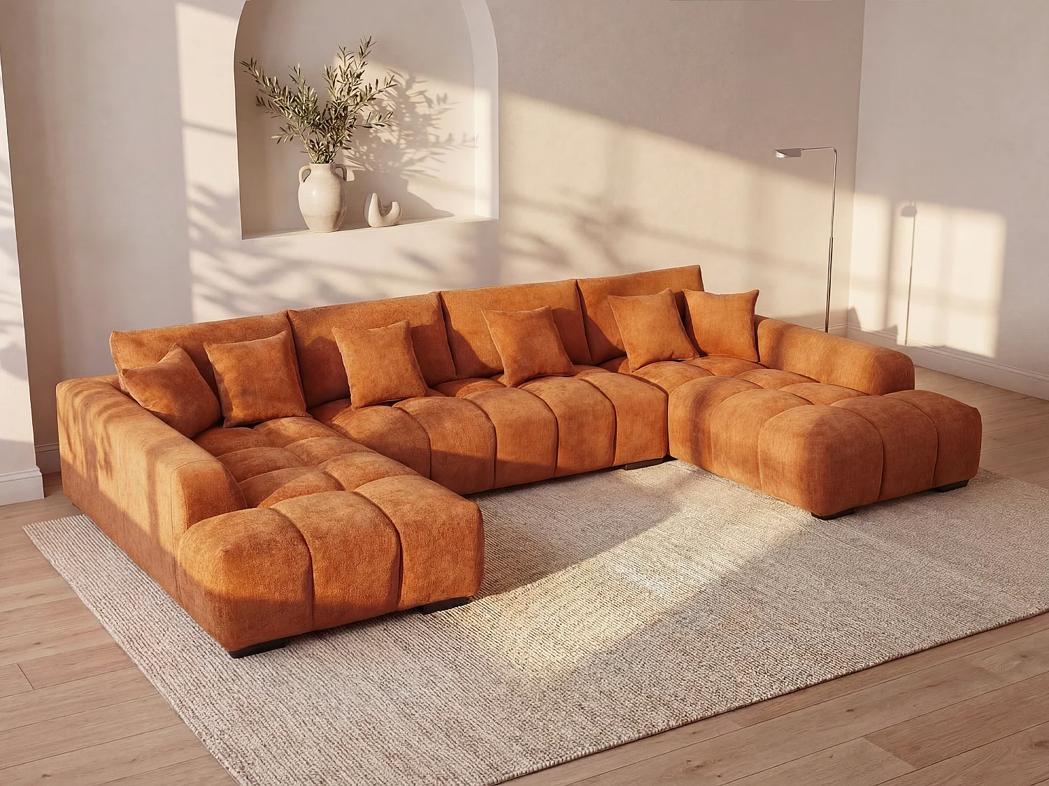 Grand canapé d'angle panoramique en tissu texturé terracotta BERENIA