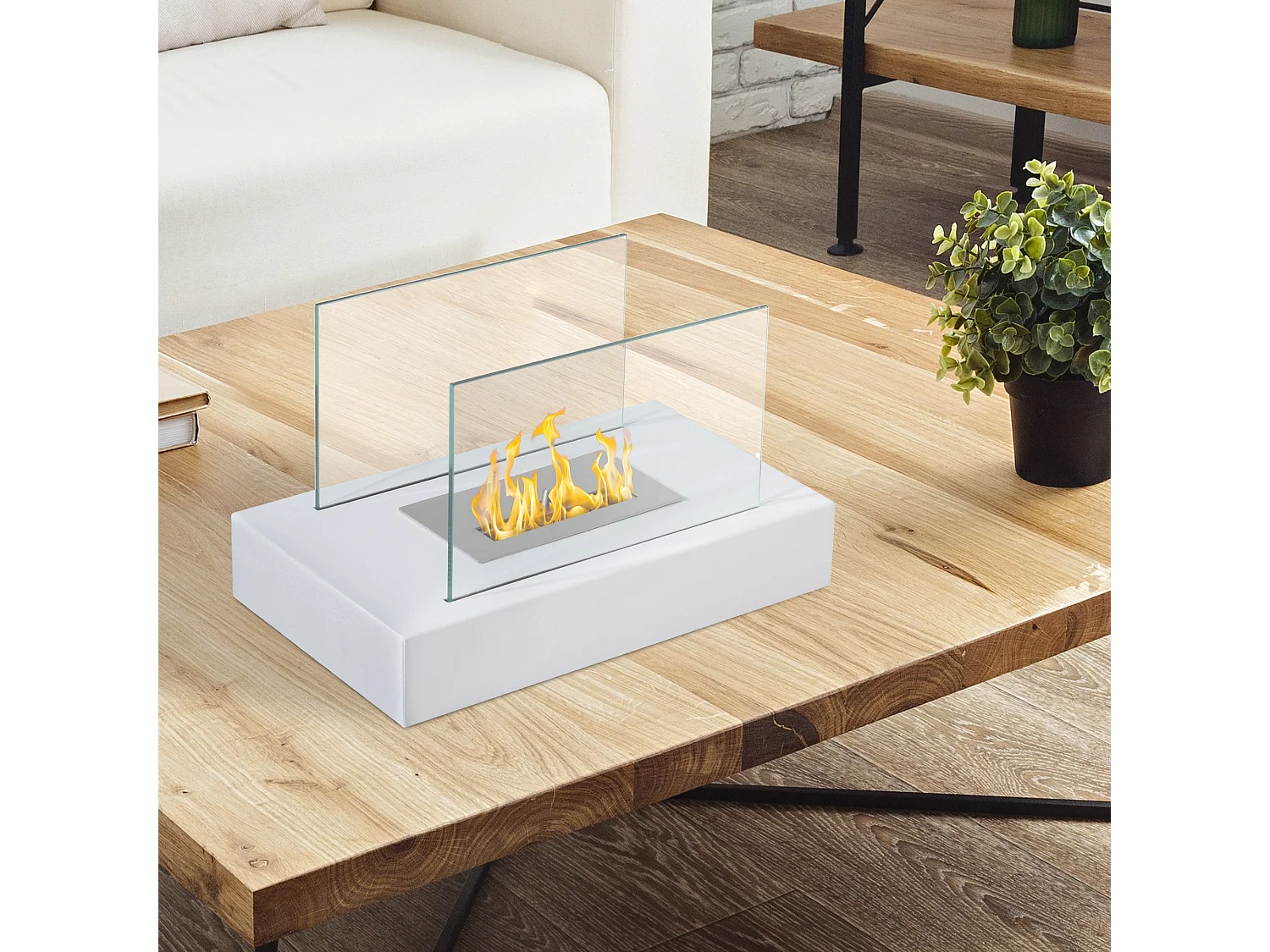 Easycomfort Camino A Bioetanolo Da Tavolo 830 W Bruciatori Senza Residui Inodore In Acciaio Inox Con Vetro 35x18x21 Cm Bianco