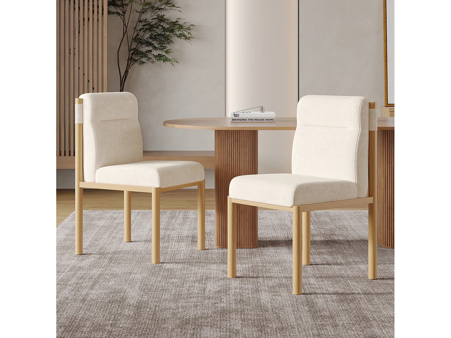 Komplet 2 krzeseł do jadalni - 46 x 52 x 80,5 cm - rama imitująca dąb i wyściełane siedziska - tkanina sherpa - beż.